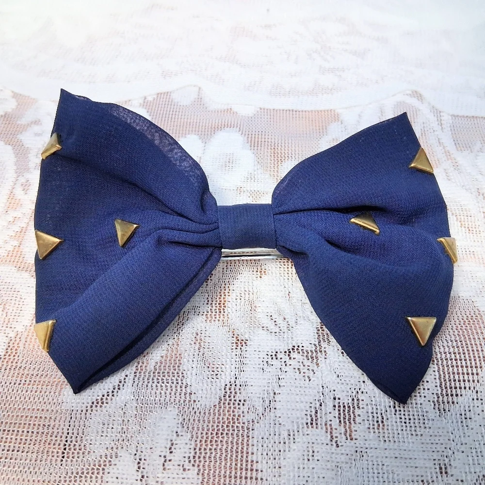 Fabric Bow Barrette French Clip Navy Blue With Brass Studs - Picture 3 of 11